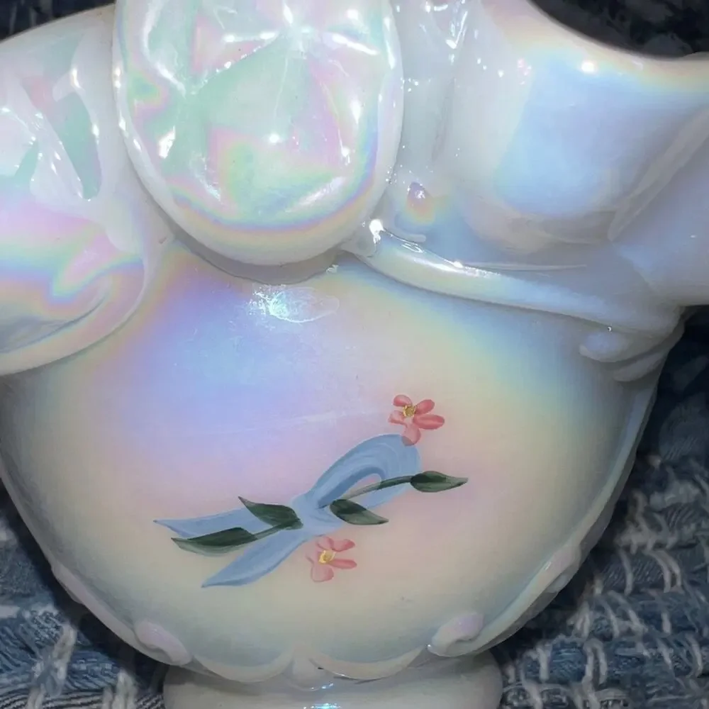 Fenton Hand painted Basket w/Handle Opalescent Signed by Artist